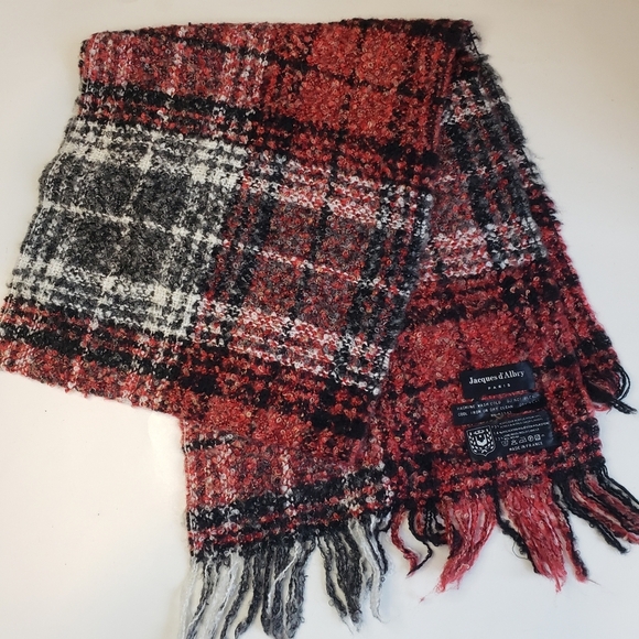 Jacques d'Albry PARIS Wool Blend Red Black Plaid Scarf Fringe Made in France - Picture 3 of 8